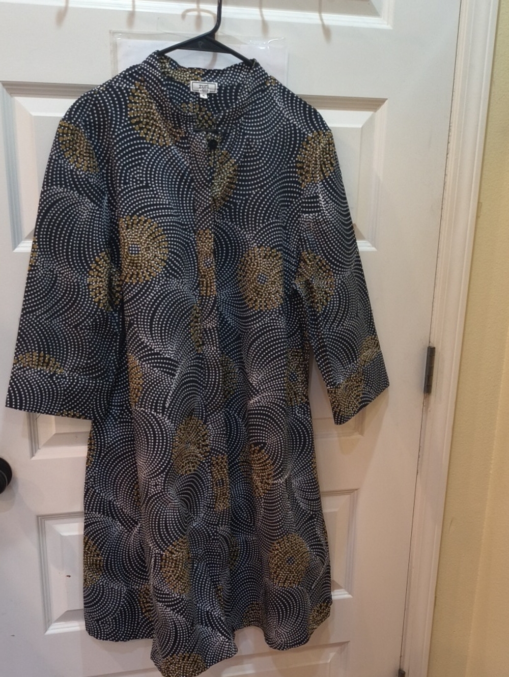 Navy Long-Sleeve Shift Dress with Gold Dot Swirl Pattern